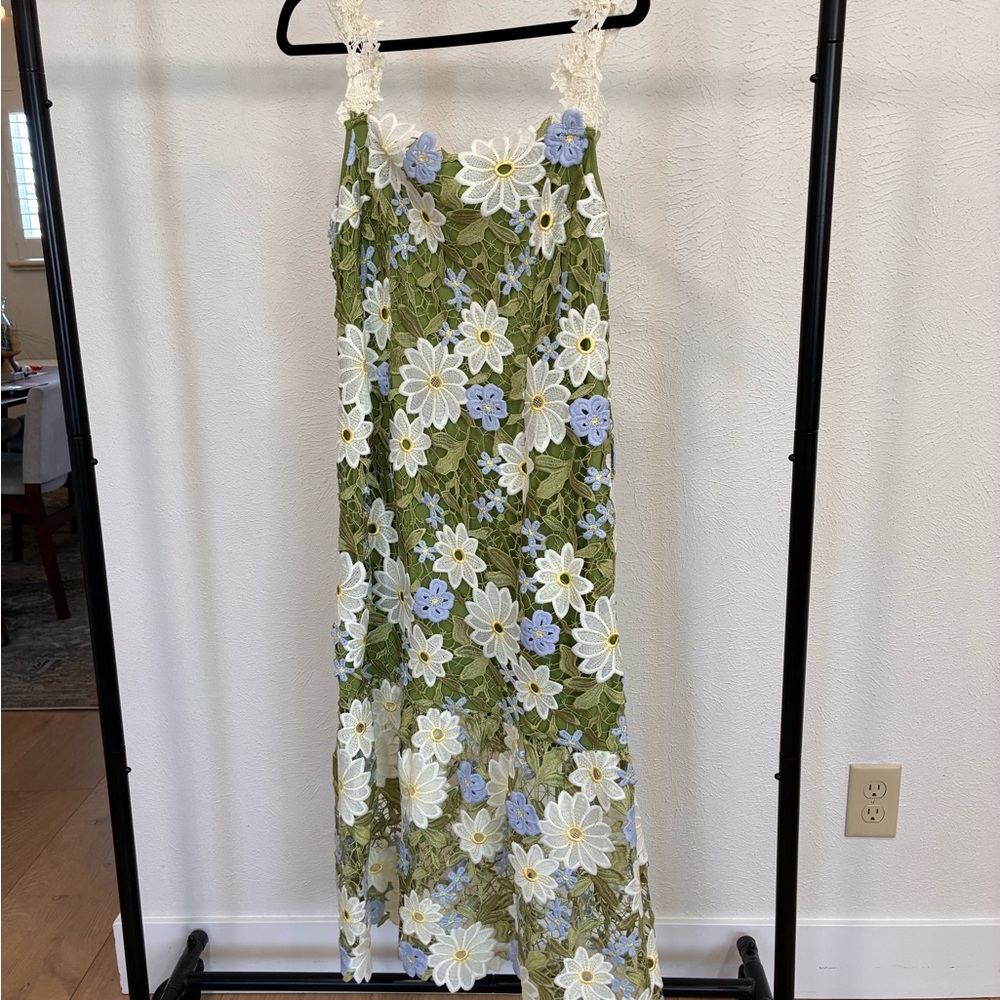 Green Floral Lace Midi Dress with White & Blue Appliqué